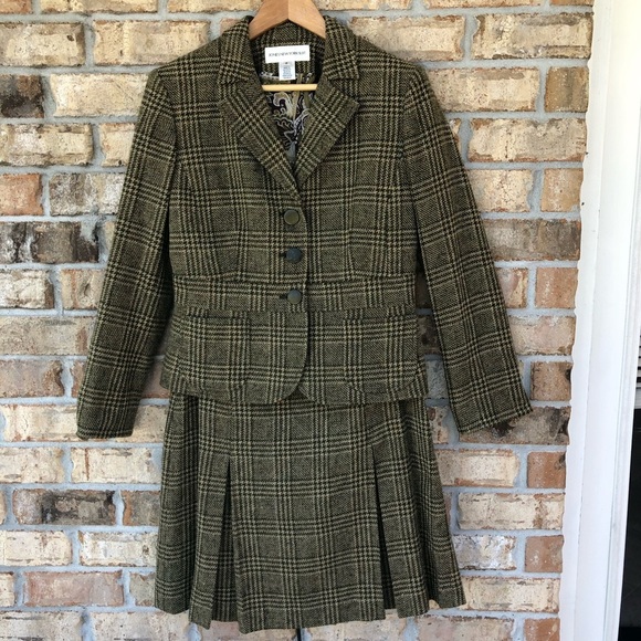 Jones New York 2PC Tan Green Tweed Plaid 3 Buttons Jacket Pleated Detail Skirt 6 - Picture 2 of 16